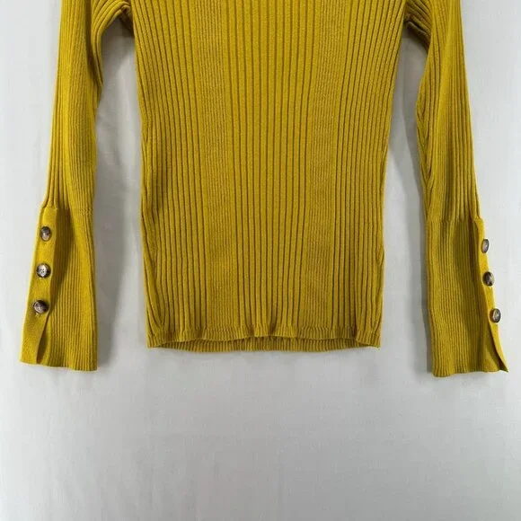 Moth Anthropologie Sweater Size M Ribbed Turtleneck Button Cuff Pullover Yellow - Picture 6 of 11